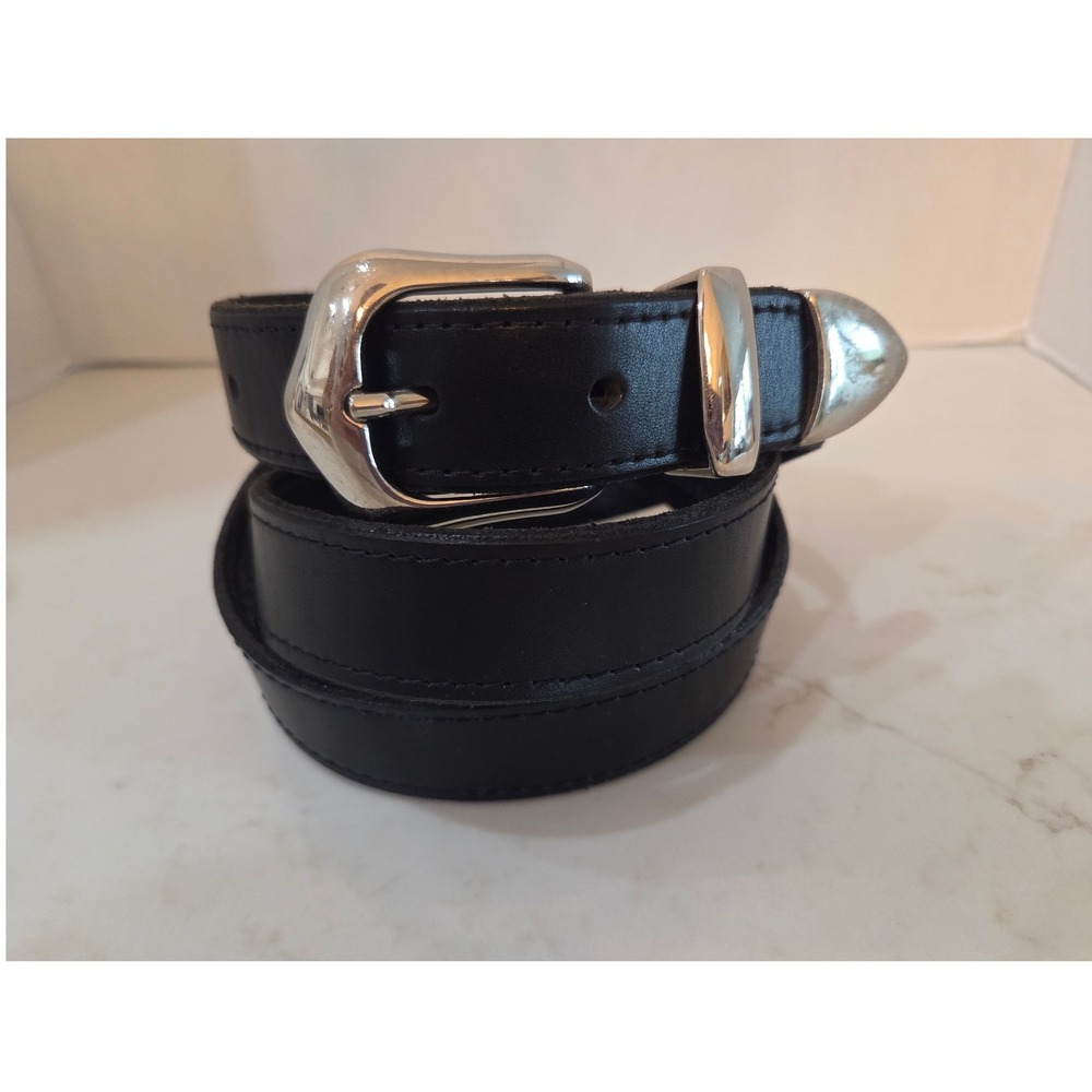 Hartman Leather Western Belt Sz 44 Black Solid Brass Silver Tip Italian Leather
